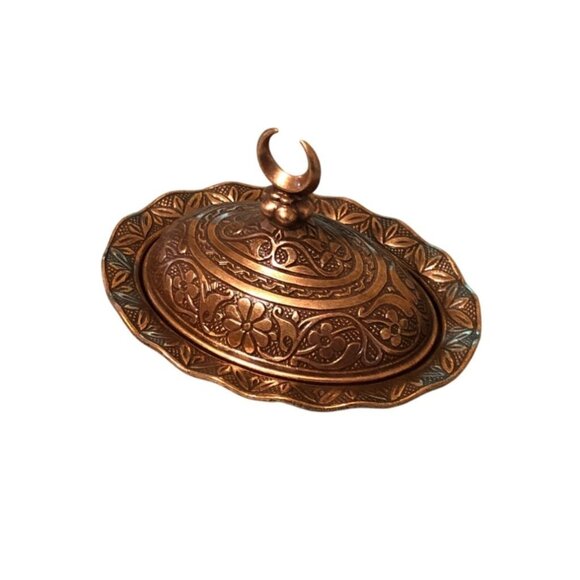Turkish Coffee Delight Candy Dish Copper Color Ornate Lid and Tray - Picture 2 of 10